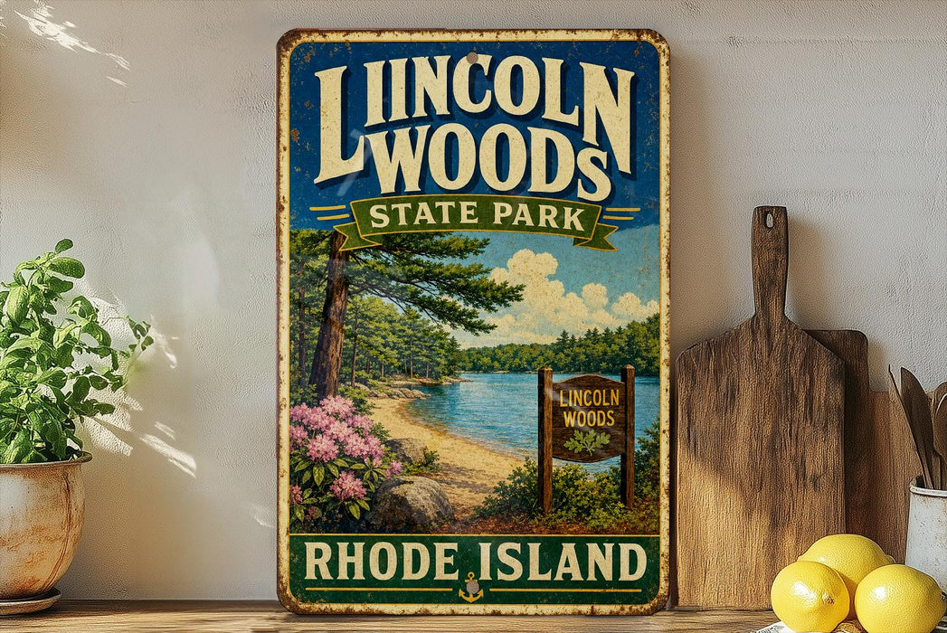 A vintage-style sign for Lincoln Woods State Park in Rhode Island, featuring a scenic landscape with a lake, pine trees, and a beach.
