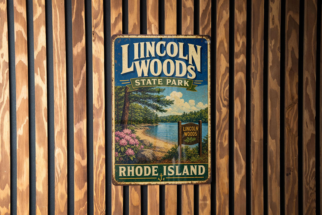 A vintage metal sign for Lincoln Woods State Park in Rhode Island, featuring a scenic landscape with a lake, pine trees, and a sign indicating the park's location.