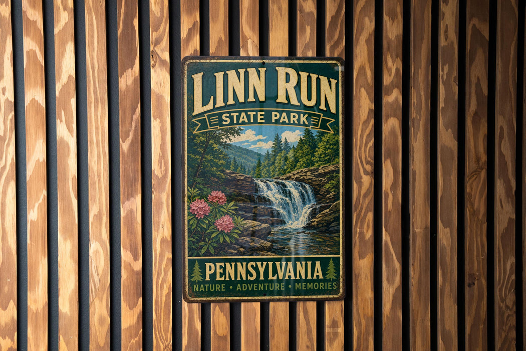 A vintage metal sign for Linn Run State Park in Pennsylvania, featuring a scenic image of a waterfall surrounded by nature.
