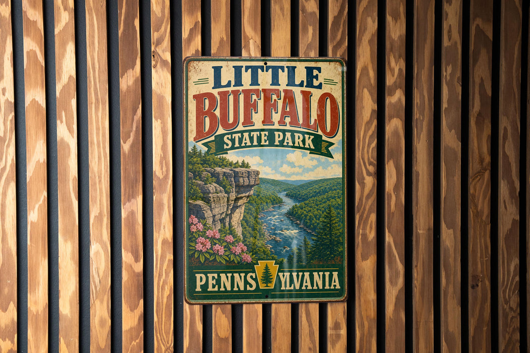 A vintage metal sign for Little Buffalo State Park in Pennsylvania, featuring a scenic landscape with a river, cliffs, and flowers.