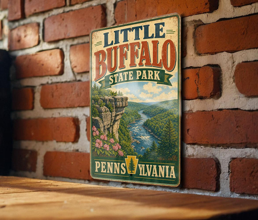 A vintage-style metal sign for Little Buffalo State Park in Pennsylvania, featuring a scenic illustration of a river and mountains.