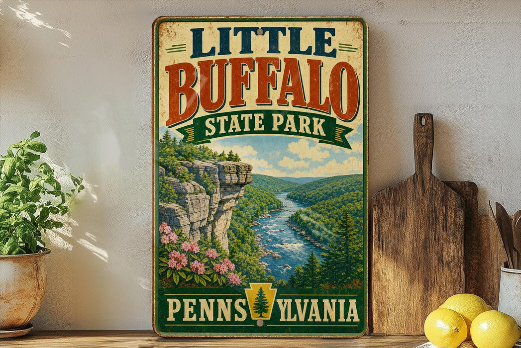 A vintage-style sign for Little Buffalo State Park in Pennsylvania, featuring a scenic illustration of a river and mountains.