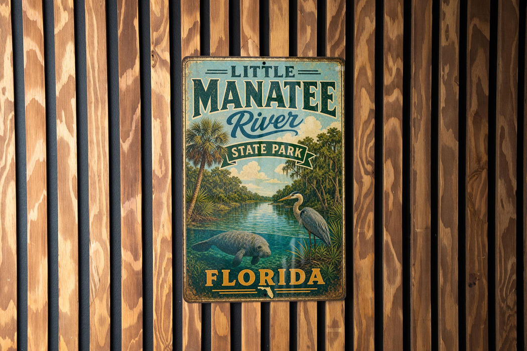 A vintage metal sign for Little Manatee River State Park in Florida, featuring a scenic illustration of the river and surrounding landscape.