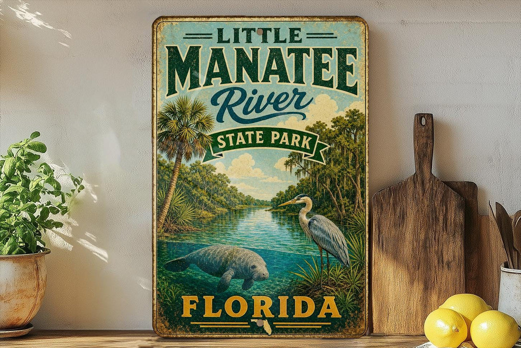 A vintage-style sign for Little Manatee River State Park in Florida, featuring a manatee and a bird in a tropical landscape.