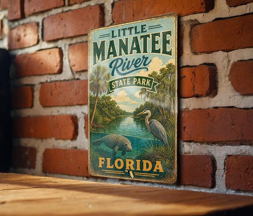 A vintage metal sign for Little Manatee River State Park in Florida, featuring a scenic illustration of the river and surrounding landscape.