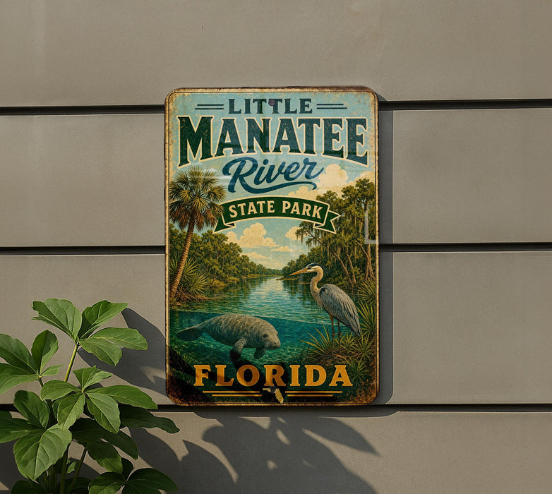 A vintage-style metal sign for Little Manatee River State Park in Florida, featuring a scenic illustration of the river, palm trees, and a heron.