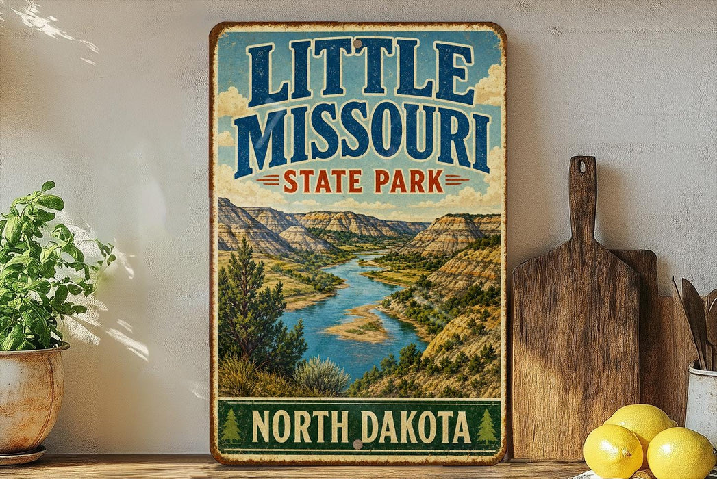 A vintage-style metal sign for Little Missouria State Park in North Dakota, featuring a scenic landscape with mountains, a river, and a wooden paddle.