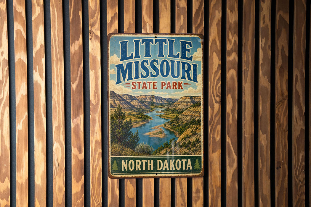 A vintage metal sign for Little Missouri State Park, featuring a scenic landscape with a river and mountains.