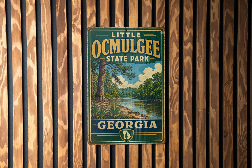 A vintage metal sign for Little Ocmulgee State Park in Georgia, featuring a scenic landscape with a river and trees.