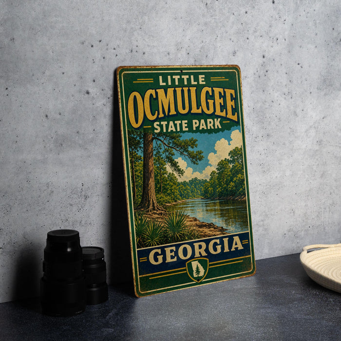 A vintage-style sign for Little Ocmulgee State Park in Georgia, featuring a scenic illustration of a river and forest.