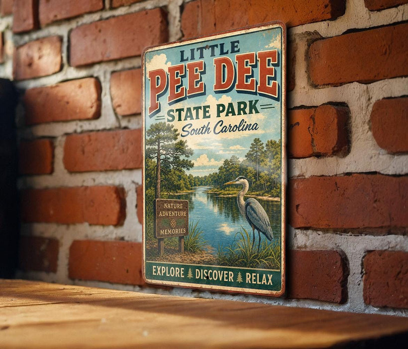 A vintage-style metal sign for Little Pee Dee State Park in South Carolina, featuring a scenic illustration of a lake and surrounding nature.