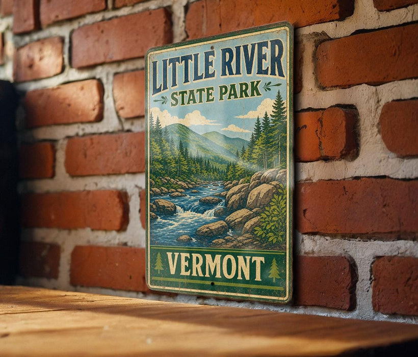 A vintage-style metal sign for Little River State Park in Vermont, featuring a scenic illustration of a river and mountains.