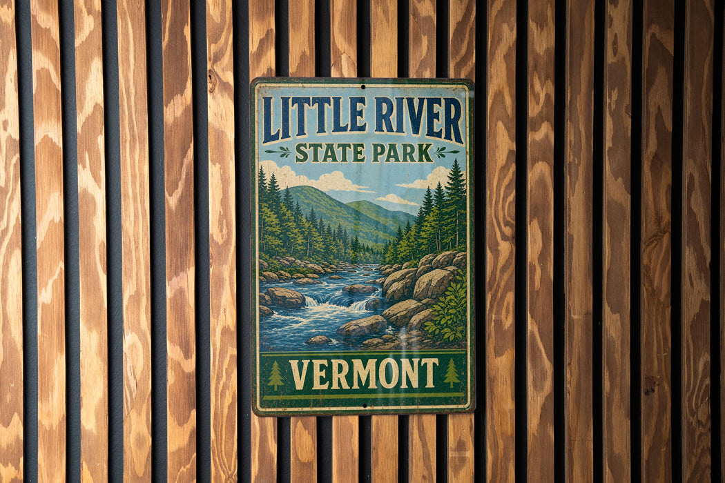A vintage metal sign for Little River State Park in Vermont, featuring a scenic illustration of a river surrounded by mountains and pine trees.
