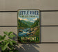 A vintage-style sign for Little River State Park in Vermont, featuring a scenic illustration of a river surrounded by mountains and pine trees.