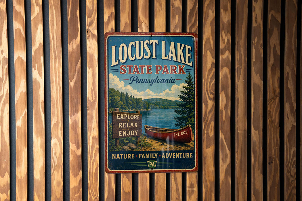 A vintage metal sign for Locust Lake State Park in Pennsylvania, featuring a canoe and a scenic landscape.