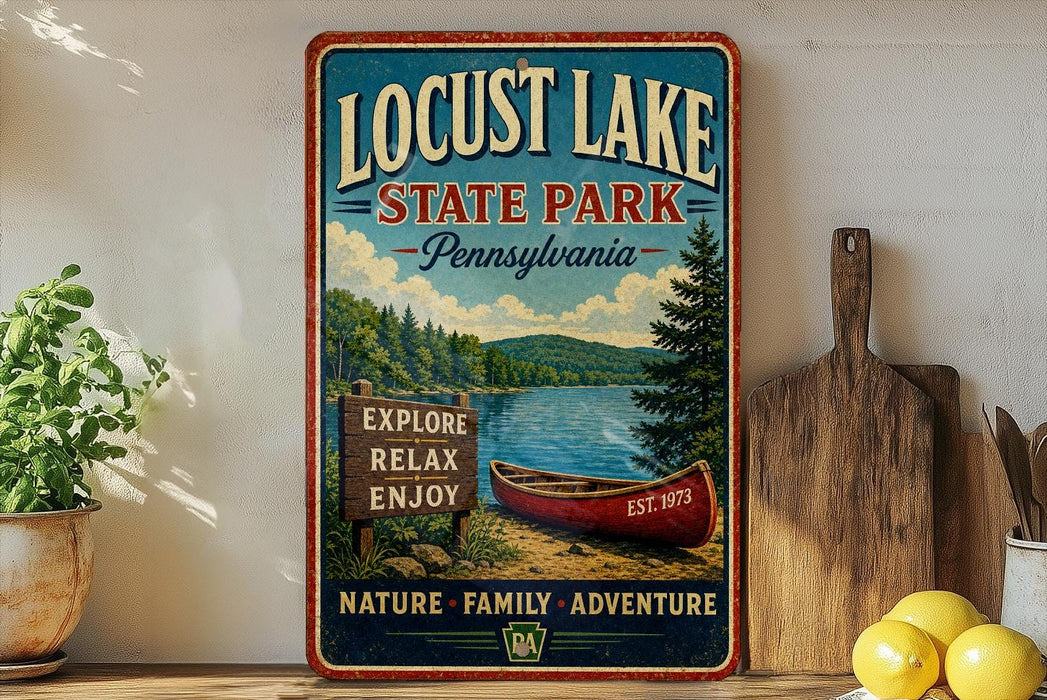 A vintage-style sign for Locust Lake State Park in Pennsylvania, featuring a canoe and a scenic landscape.