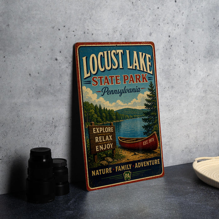 A vintage-style sign for Locust Lake State Park in Pennsylvania, featuring a canoe and a scenic landscape.