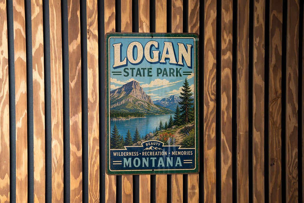A vintage metal sign for Logan State Park in Montana, featuring a mountain landscape and a lake, is displayed on a wooden wall.