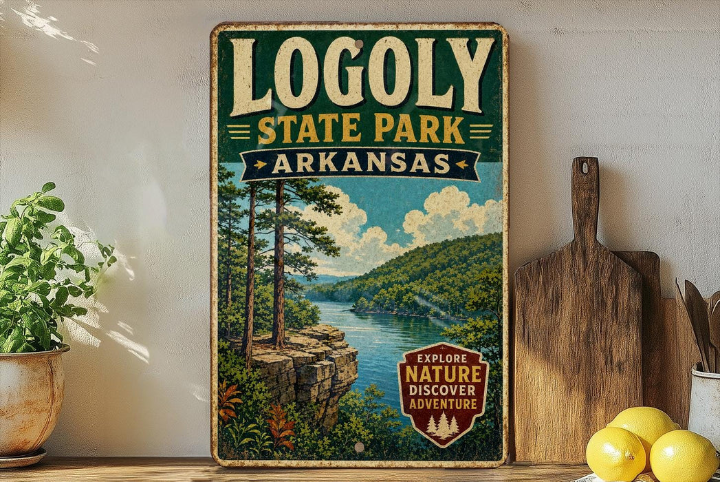 A vintage-style sign for Logoly State Park in Arkansas, featuring a scenic landscape with a river, cliffs, and pine trees.
