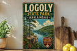 A vintage-style sign for Logoly State Park in Arkansas, featuring a scenic landscape with a river, cliffs, and pine trees.