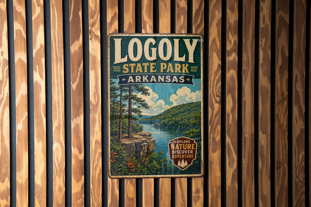 A vintage metal sign for Logoly State Park in Arkansas, featuring a scenic landscape with a river and forest.