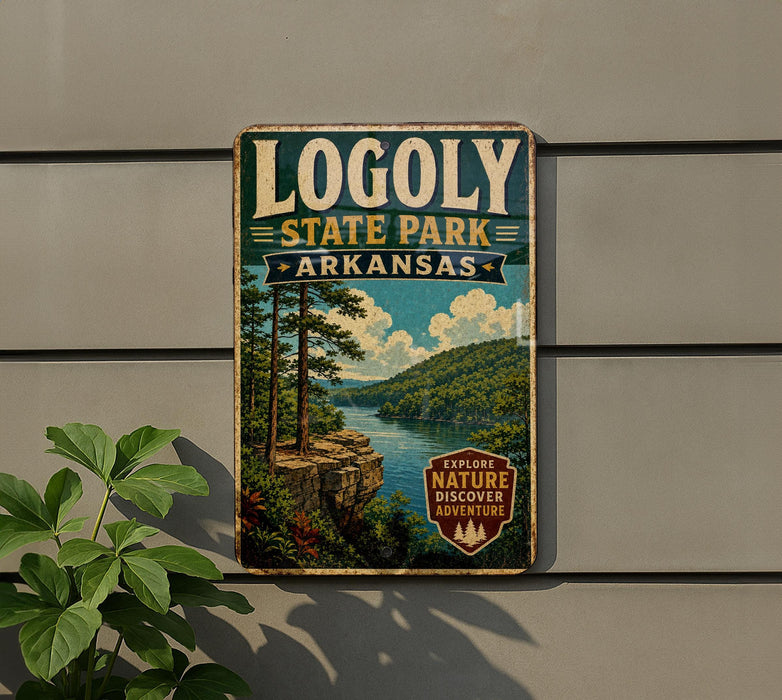 A vintage-style sign for Logoly State Park in Arkansas, featuring a scenic landscape with a lake, mountains, and pine trees.