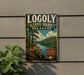 A vintage-style sign for Logoly State Park in Arkansas, featuring a scenic landscape with a lake, mountains, and pine trees.