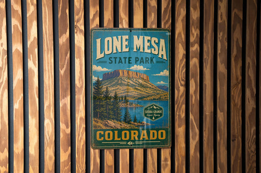A vintage-style metal sign for Lone Mesa State Park in Colorado, featuring a mountain landscape and a lake.