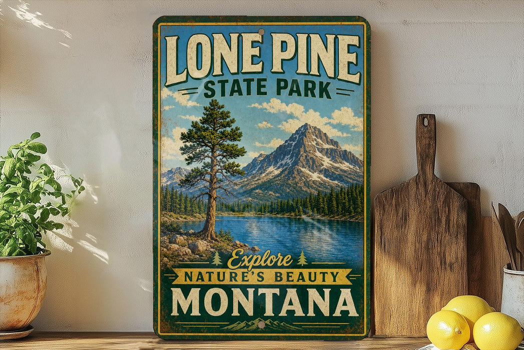 a vintage-style sign for Lone Pine State Park, with a scenic mountain landscape and a lake in the background.