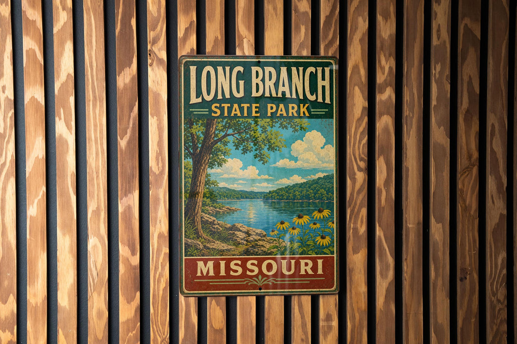 A vintage-style metal sign for Long Branch State Park in Missouri, featuring a scenic landscape with a tree, a lake, and flowers.