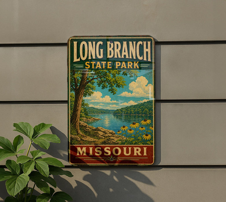 A vintage-style metal sign for Long Branch State Park in Missouri, featuring a scenic landscape with a lake, trees, and flowers.