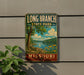 A vintage-style metal sign for Long Branch State Park in Missouri, featuring a scenic landscape with a lake, trees, and flowers.