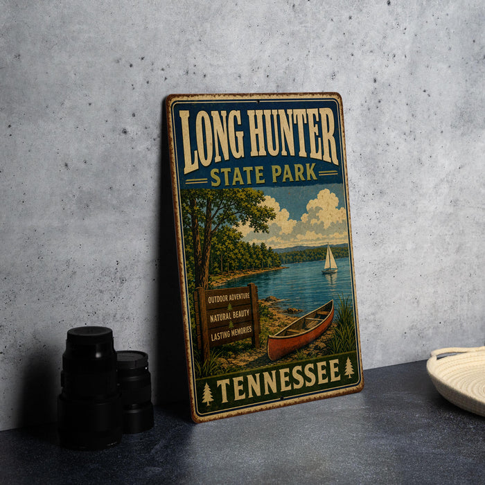 A vintage-style metal sign for Long Hunter State Park in Tennessee, featuring a scenic illustration of a lake, trees, and a sailboat.