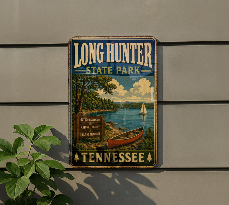 A vintage-style metal sign for Long Hunter State Park in Tennessee, featuring a scenic illustration of a lake, trees, and a sailboat.