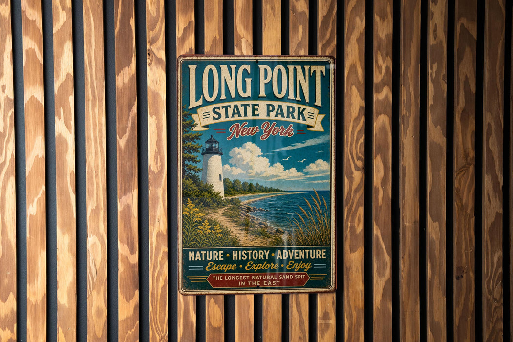 A vintage metal sign for Long Point State Park in New York, featuring a lighthouse and a scenic landscape.