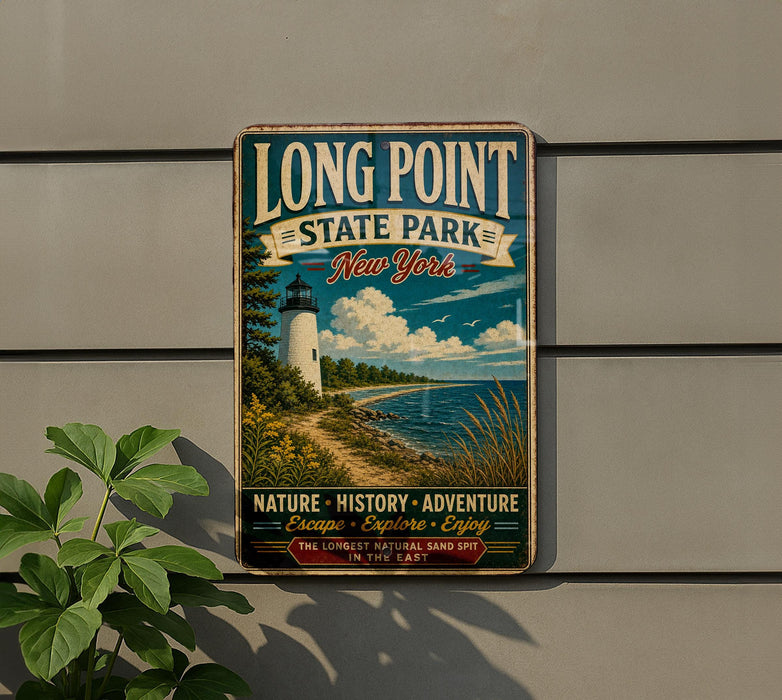 A vintage-style metal sign for Long Point State Park in New York, featuring a lighthouse and a scenic landscape.