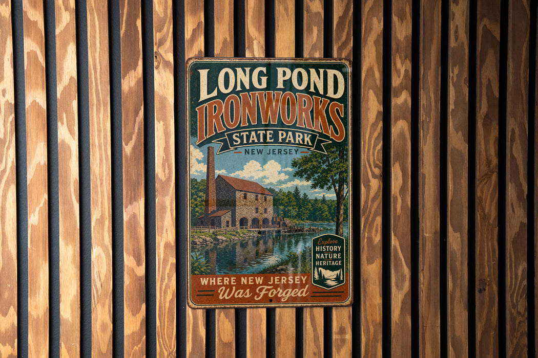 A vintage metal sign for Long Pond Ironworks State Park in New Jersey, featuring an illustration of a building and a pond.