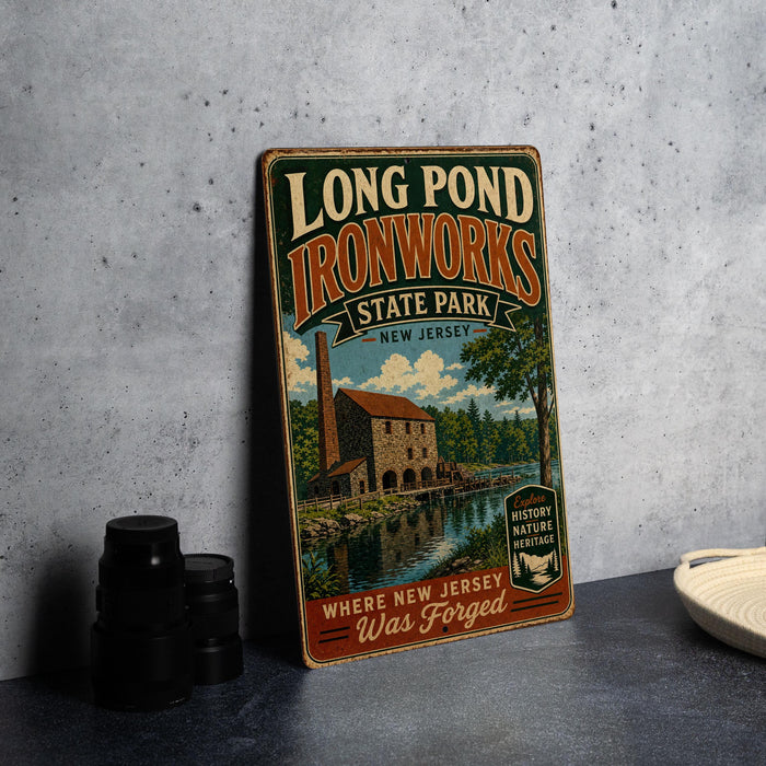 A vintage-style sign for Long Pond Ironworks State Park in New Jersey, featuring an illustration of a building and a pond.