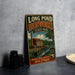 A vintage-style sign for Long Pond Ironworks State Park in New Jersey, featuring an illustration of a building and a pond.