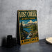 A vintage metal sign for Lost Creek State Park in Montana, featuring a scenic landscape with mountains, a river, and pine trees.