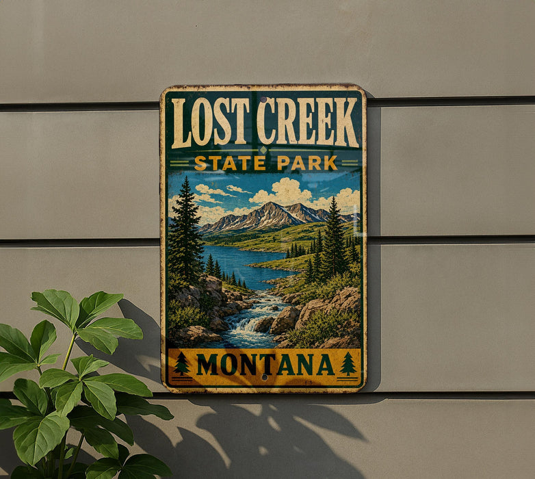 A vintage-style metal sign for Lost Creek State Park in Montana, featuring a scenic landscape with mountains, forests, and a river.