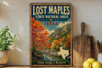 A vintage-style metal sign for Lost Maple State Natural Area in Texas, featuring a scenic landscape with a river and autumn foliage.