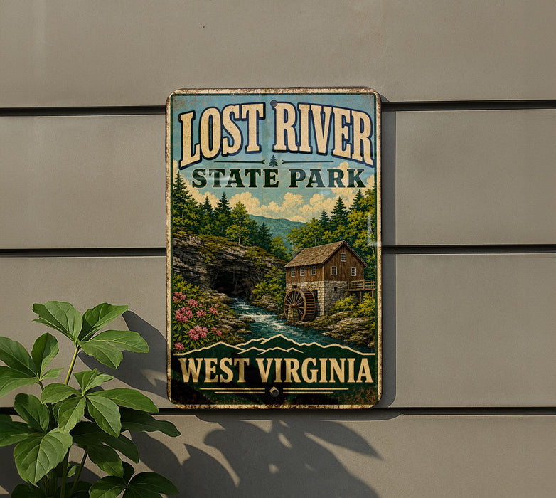 a vintage-style sign for Lost River State Park in West Virginia, depicting a scenic landscape with a mill and a river.