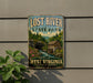 a vintage-style sign for Lost River State Park in West Virginia, depicting a scenic landscape with a mill and a river.