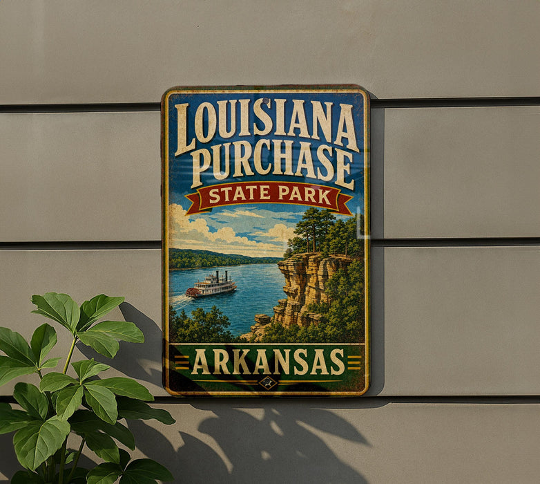 A vintage-style sign for Louisiana Purchase State Park in Arkansas, featuring a scenic illustration of a river and a steamboat.