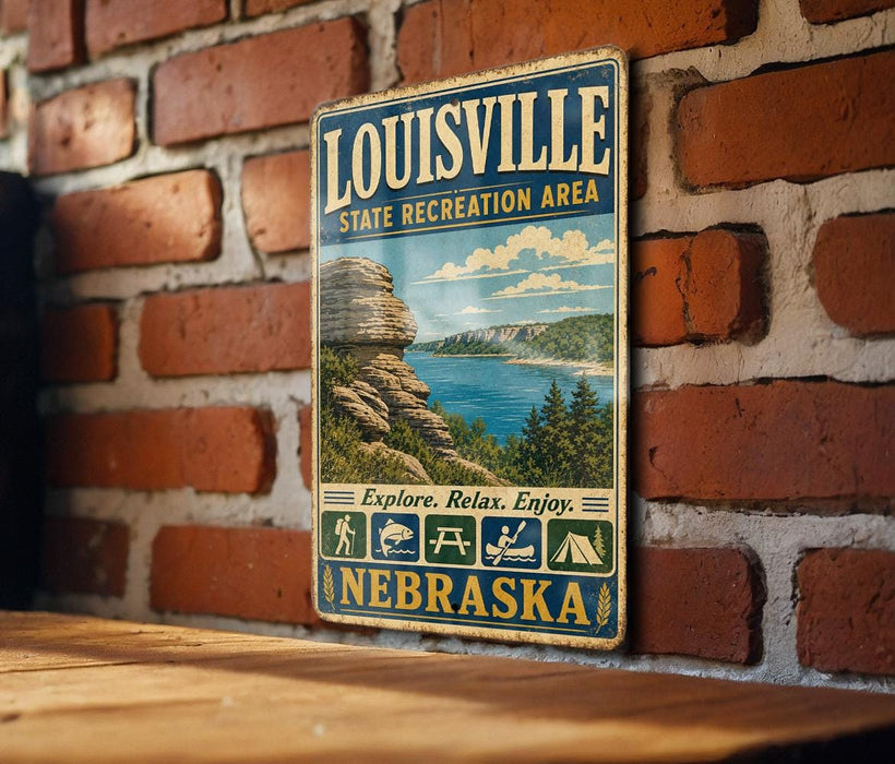 A vintage-style metal sign for the Louisville State Recreation Area in Nebraska, featuring a scenic landscape with mountains, water, and camping symbols.