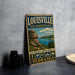 A vintage-style metal sign for the Louisville State Recreation Area in Nebraska, featuring a scenic landscape with mountains, water, and camping gear.