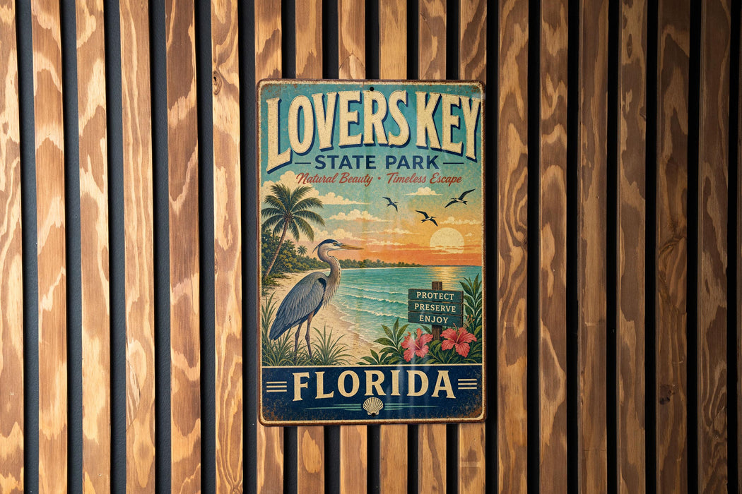 A vintage-style metal sign for "Lovers Key State Park" in Florida, featuring a beach scene with palm trees, a crane, and a sunset.