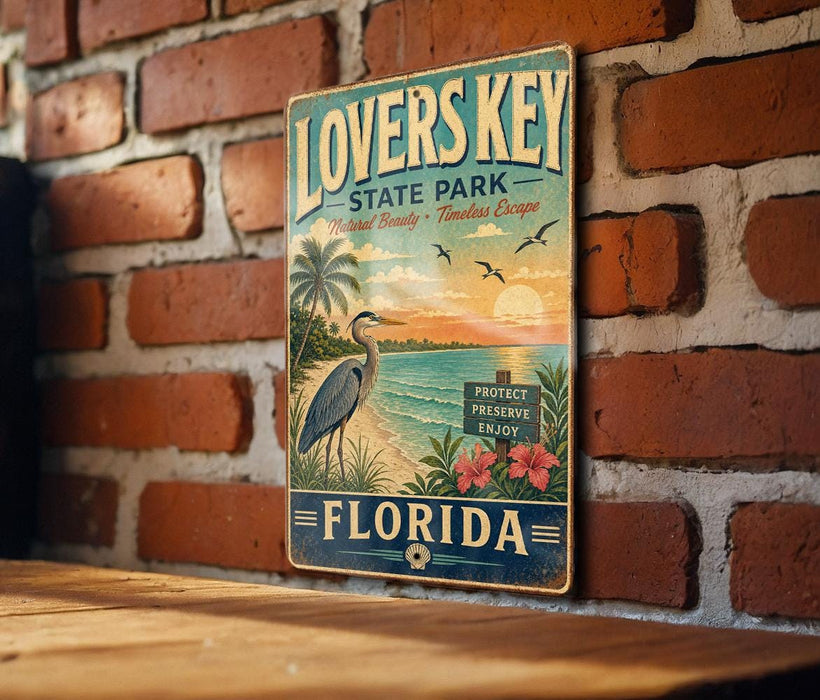 A vintage-style sign for "Lovers Key State Park" in Florida, featuring a beach scene with a crane, palm trees, and a sunset.