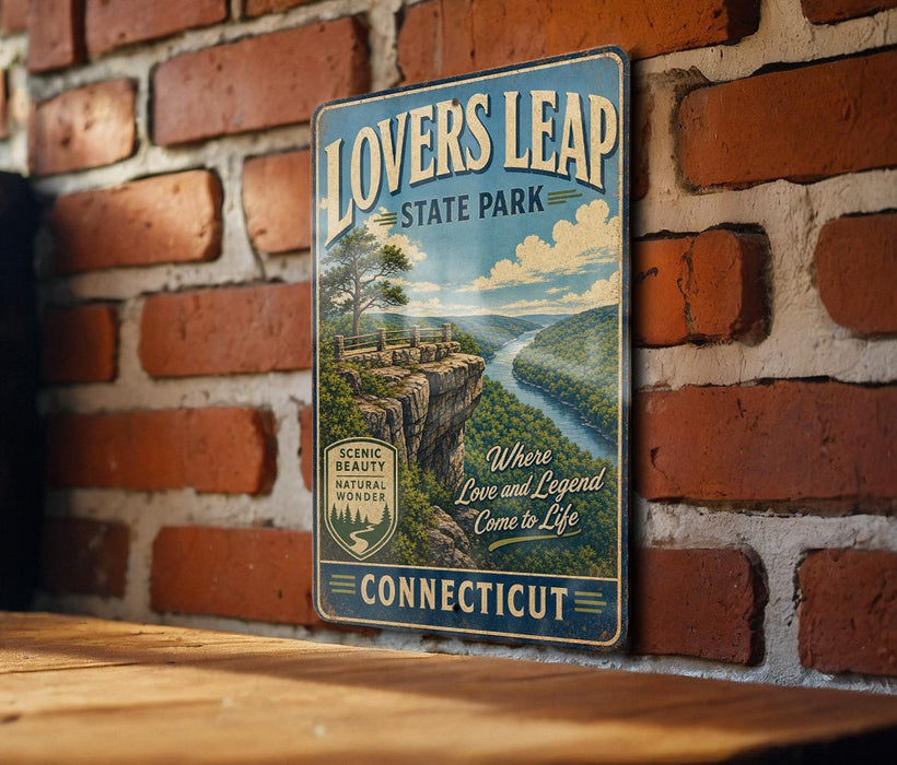 A vintage-style metal sign for "Lovers Leap State Park" hanging on a brick wall, featuring a scenic landscape with a river and mountains.